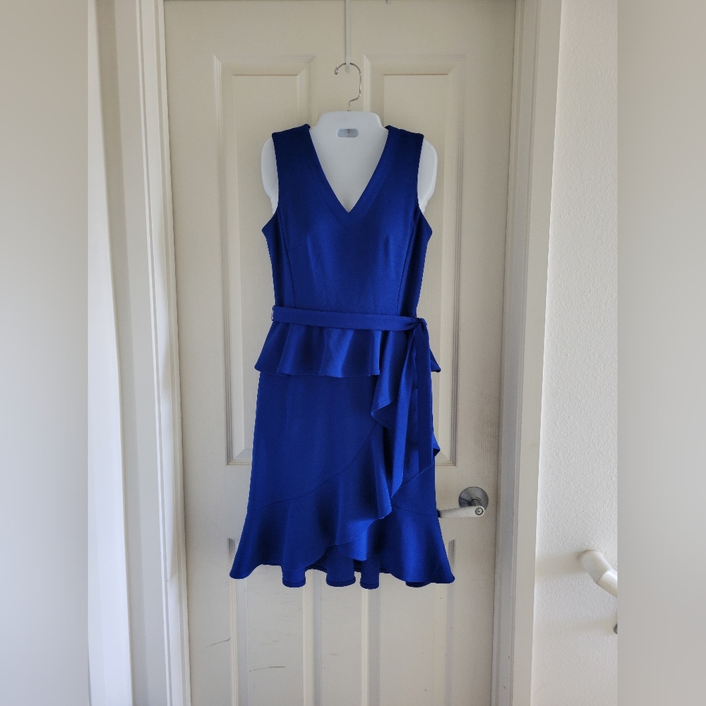 ✨️HP✨️Calvin Klein | NWOT Royal Blue Scuba Crepe V-Neck Ruffle Trim Midi Dress - Picture 13 of 13